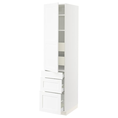 Theres a sleek, white SEKTION kitchen cabinet with adjustable shelves and drawers, featuring a modern, minimalist design.