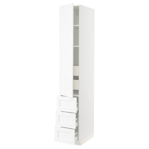 White SEKTION kitchen cabinet, tall with drawers and shelves.