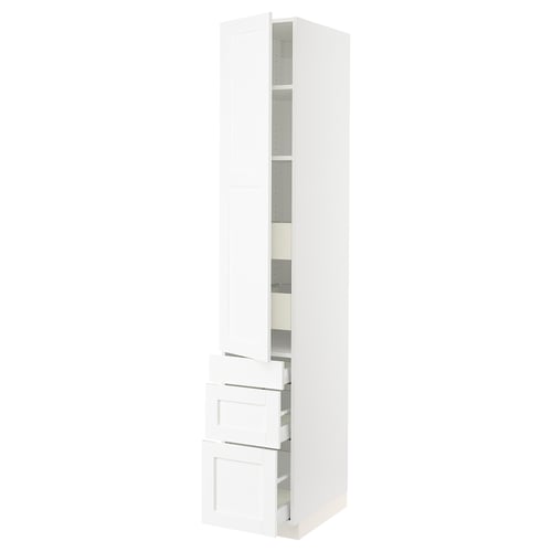A SEKTION kitchen cabinet in white with multiple shelves and drawers. It has a sleek, modern design with adjustable and sturdy storage options.