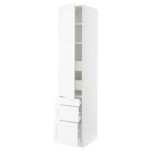 A white SEKTION cabinet from ikea with adjustable shelves and drawers. It a modern, sleek design.