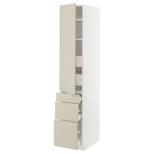 White SEKTION cabinet with beige drawers and shelves, sleek modern design.