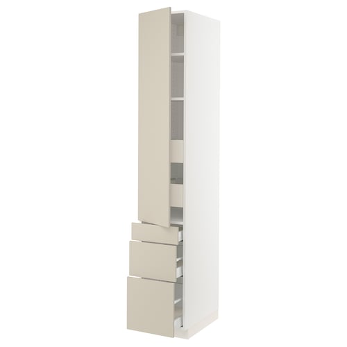 Beige tall kitchen unit, slim with drawers and shelves, minimalist.