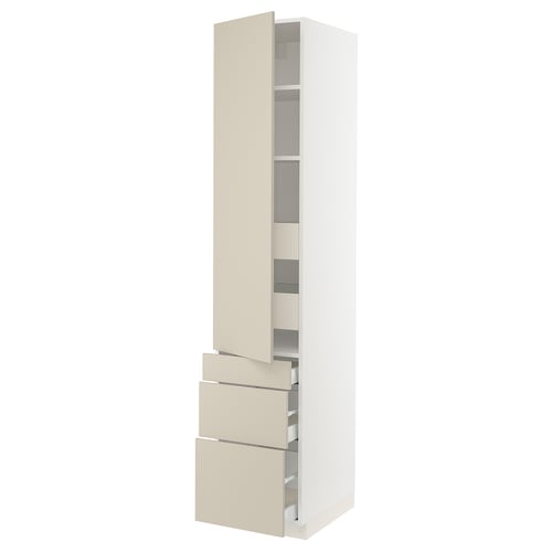 Modern white SEKTION kitchen cabinet with beige doors, smooth drawers & shelves.