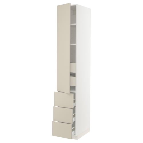 Beige SEKTION kitchen cabinet, white frame, adjustable shelves, full-extension drawers.
