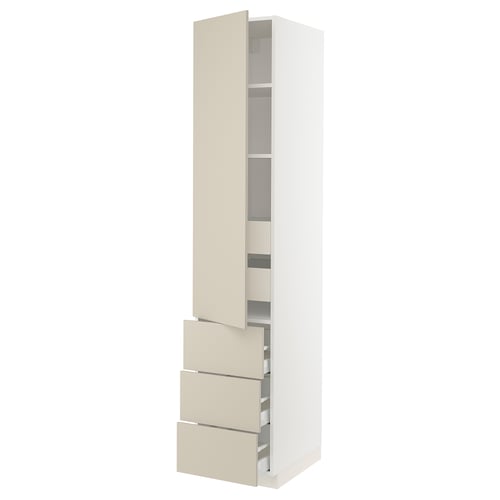 Ikea SEKTION white kitchen cabinet, beige drawers, tall, modern.