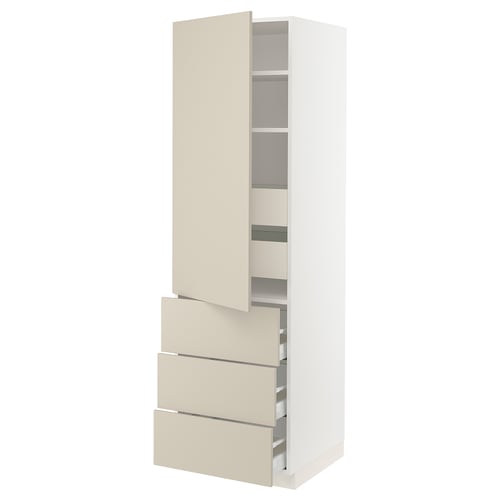 An off-white SEKTION kitchen cabinet with smooth beige havstorp fronts, combining adjustable shelves and drawers for versatile storage.