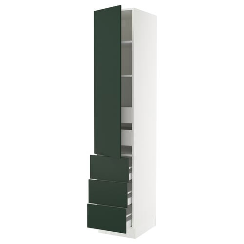 SEKTION kitchen cabinet, white with green havstorp doors, three drawers, and adjustable shelves.