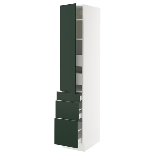 A tall white storage cabinet with green doors and drawers, featuring a sleek design and adjustable shelves.