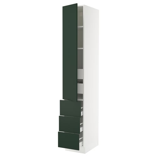A tall, white SEKTION kitchen cabinet with dark green drawers and a door. It has a sleek design with adjustable shelves inside.