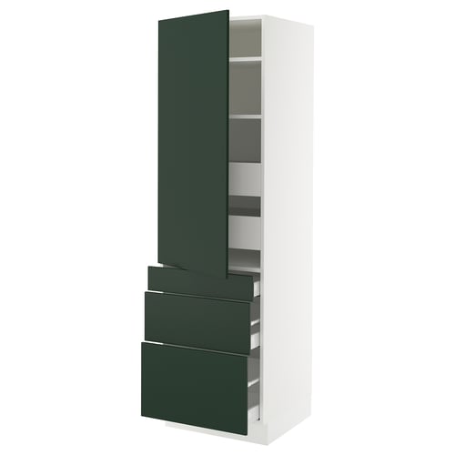 An ikea SEKTION tall kitchen cabinet with dark green havstorp doors and drawers. The cabinet has adjustable shelves and soft-closing mechanisms.