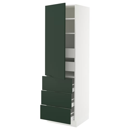 A white SEKTION kitchen cabinet with green drawers and doors, featuring multiple shelves inside.