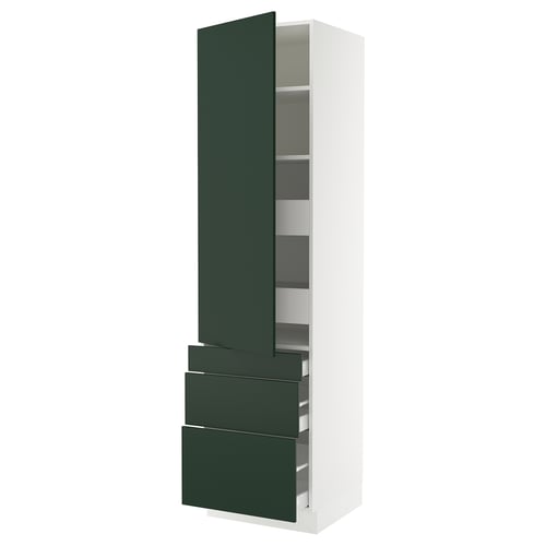 White & green kitchen cabinet, tall with open door, shelves, drawers, smooth edges.