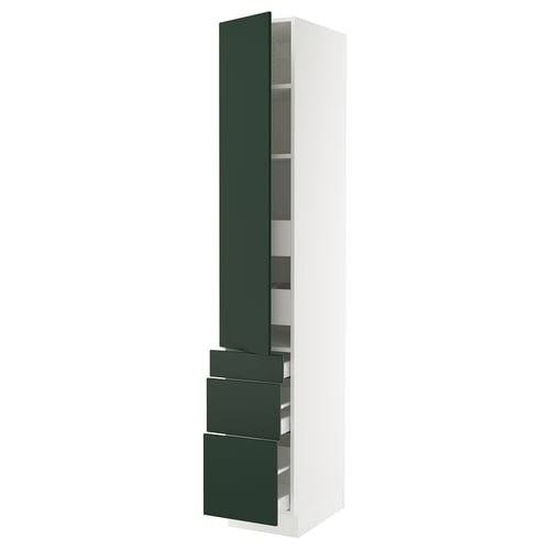 A white SEKTION cabinet with dark green doors and drawers, featuring a tall, slim design and adjustable shelves.