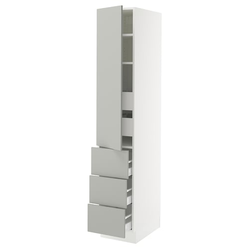 An ikea SEKTION kitchen cabinet in light grey. It a tall, white body with three grey drawers and adjustable shelves behind a grey door.