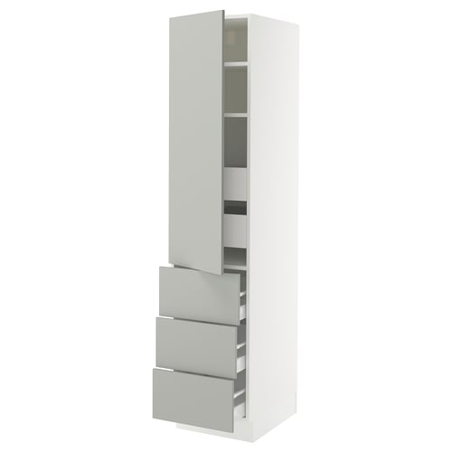 SEKTION tall white kitchen cabinet with grey drawers and shelves.