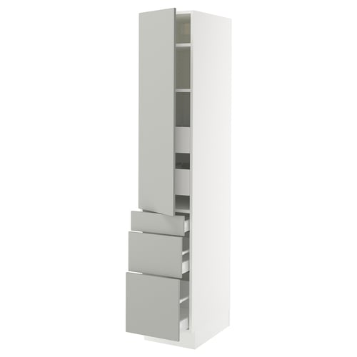 SEKTION kitchen unit in light grey with drawers and shelves, sleek and modern.