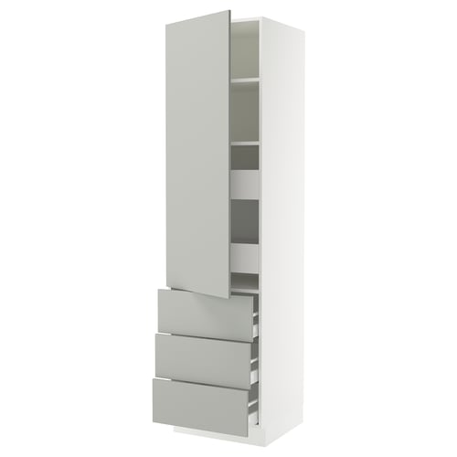 A white SEKTION tall kitchen cabinet with grey drawers, featuring modern design and multiple storage compartments.