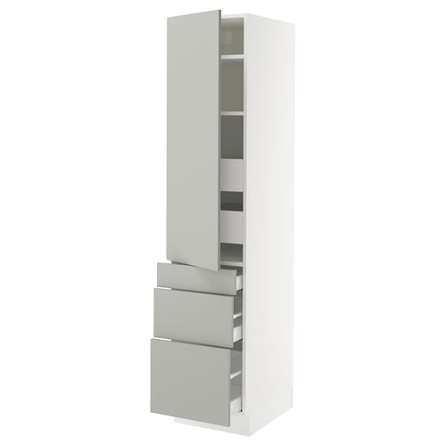 SEKTION white kitchen cabinet, light grey drawers, modern, tall, adjustable shelves, soft-close hinges & drawers.