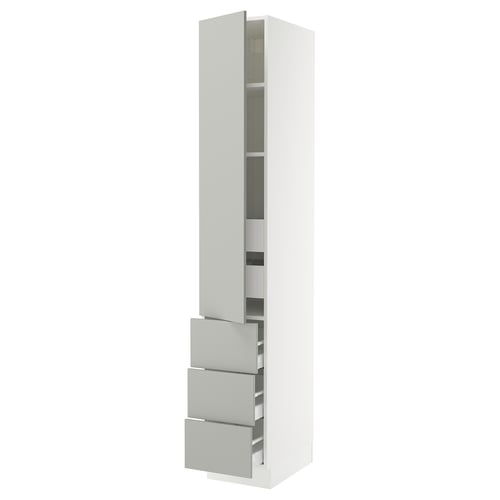 SEKTION white kitchen cabinet, sleek design, light grey drawers, tall and rectangular.