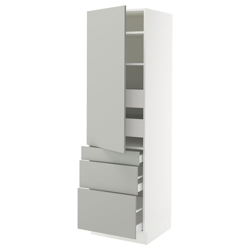 SEKTION white kitchen cabinet with grey drawers, modern design, adjustable shelves, soft-close drawers.