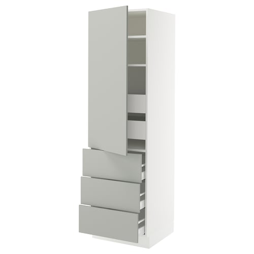 SEKTION white kitchen cabinet with light grey drawers, rectangular and sleek design with modern clean look, open door revealing adjustable shelves.