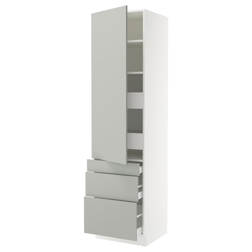 A modern, tall white cabinet from IKEAs SEKTION kitchen system with light grey drawers and shelves, featuring an open door and drawers.