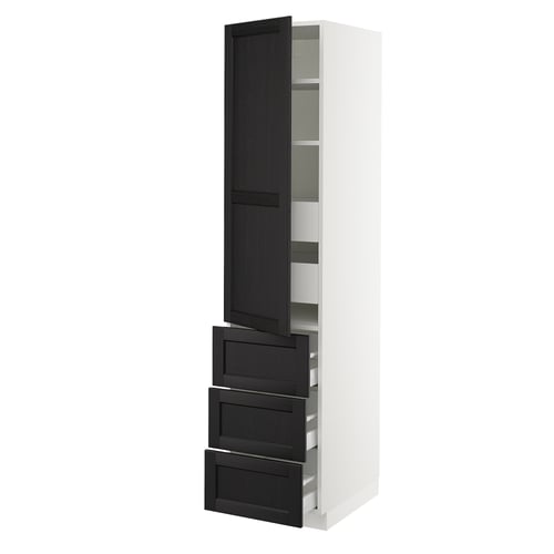 SEKTION kitchen: white cabinet with black stained wood drawers and door, bevelled edges, adjustable shelves.