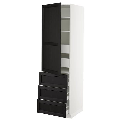 White tall kitchen cabinet with black drawers and doors, steal and wood materials.