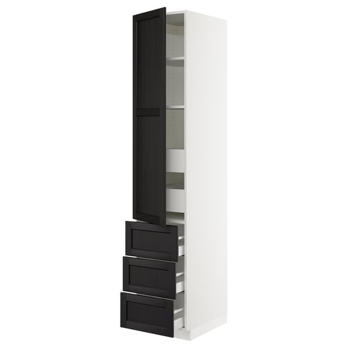 White SEKTION kitchen cabinet with black drawers and shelves, vertical design, adjustable shelves.