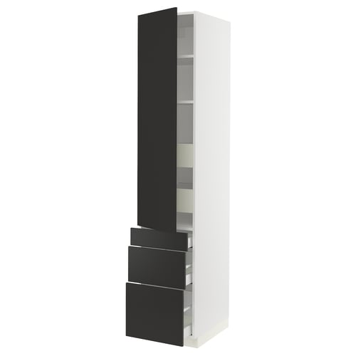 A white SEKTION kitchen cabinet with black nickebo drawers and a tall door, modern design.