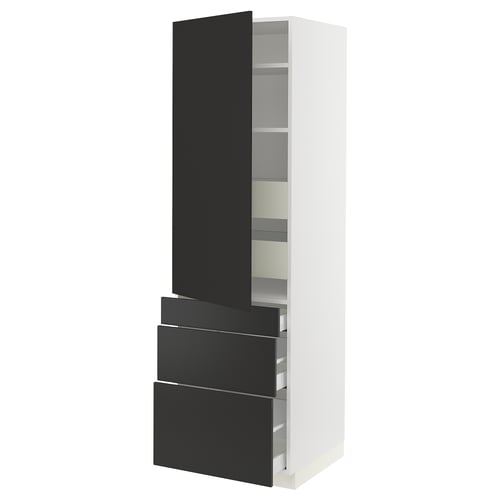 A white SEKTION kitchen cabinet with black drawers and a door in grey matt. It multiple shelves and drawers for storage.