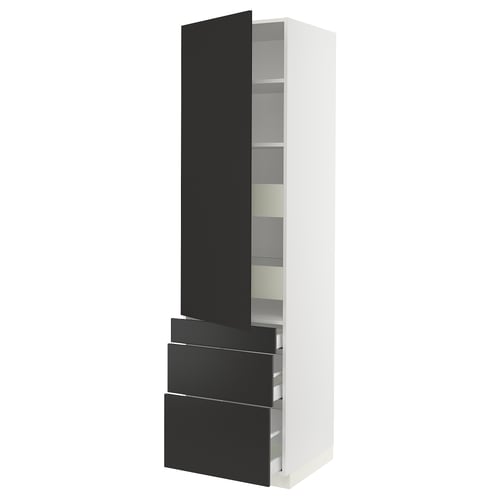 SEKTION kitchen cabinet in white with black nickebo fronts, tall and sleek with multiple shelves and drawers.