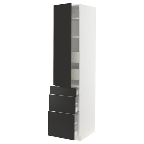 A modern, tall, white SEKTION kitchen cabinet with black handles and adjustable shelves. A door and three drawers, with a sleek, minimalist design.