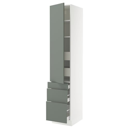Modern ikea SEKTION gray-green kitchen cabinet with open door and shelves.