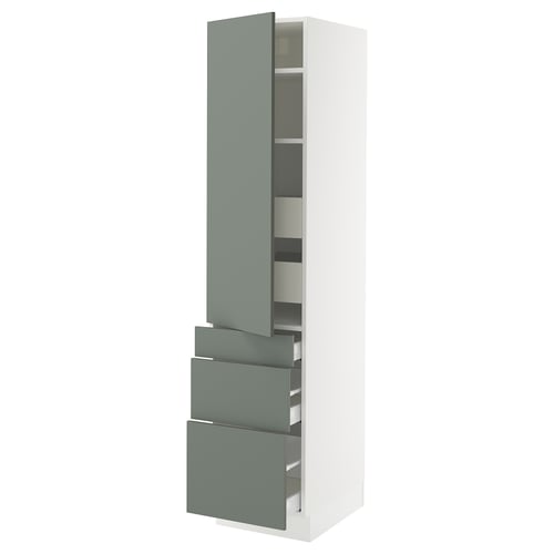 A SEKTION kitchen cabinet in white with grey-green drawers and a door. It adjustable shelves and smooth-running drawers.