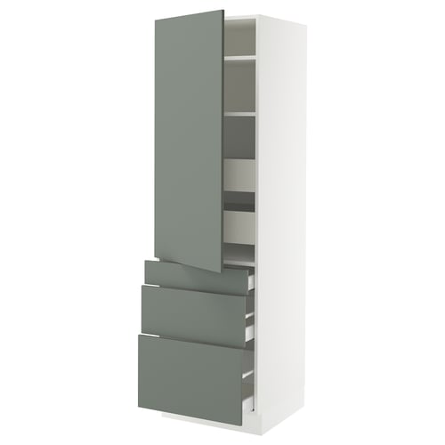 Modern grey-green cabinet, tall, slim with drawers and adjustable shelves.