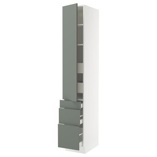 Ikea SEKTION kitchen cabinet in grey-green with drawers and shelves.
