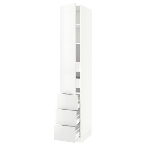 The is: white SEKTION kitchen cabinet with glossy drawers and shelves.
