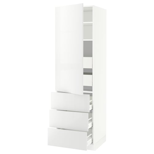 White SEKTION kitchen cabinet, modern design, glossy finish, three drawers, adjustable shelves.