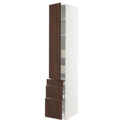 SEKTION kitchen cabinet with dark brown sinarp wood panel doors and white frame.