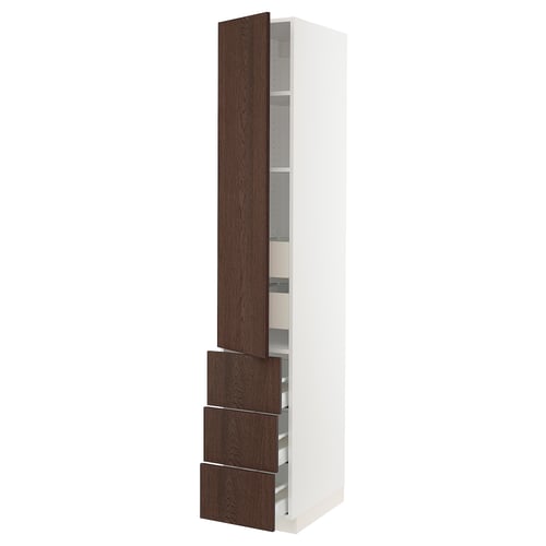 Depicts a SEKTION kitchen cabinet with a dark brown sinarp wood finish, white frame, shelves, and drawers.