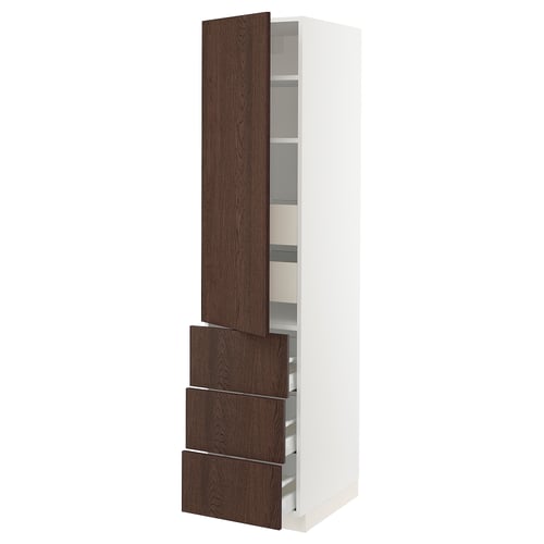 White tall kitchen cabinet with dark brown wooden drawers and shelves.