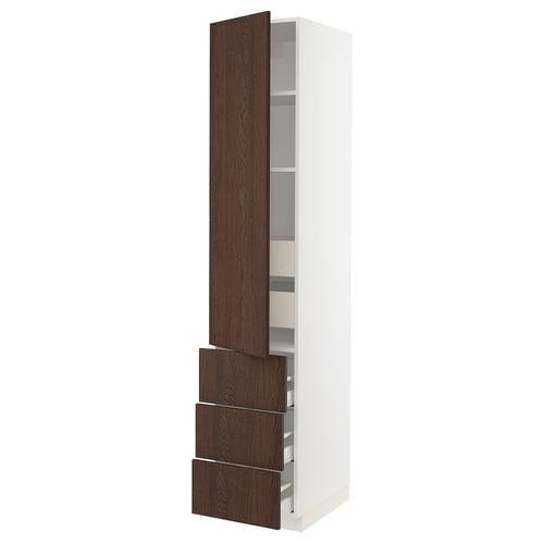 A tall white SEKTION kitchen cabinet with dark brown sinarp drawers and shelves. It adjustable shelves and full-extension drawers.