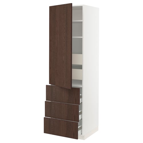 White kitchen cabinet with dark brown wooden drawers and door, three shelves, modern design.