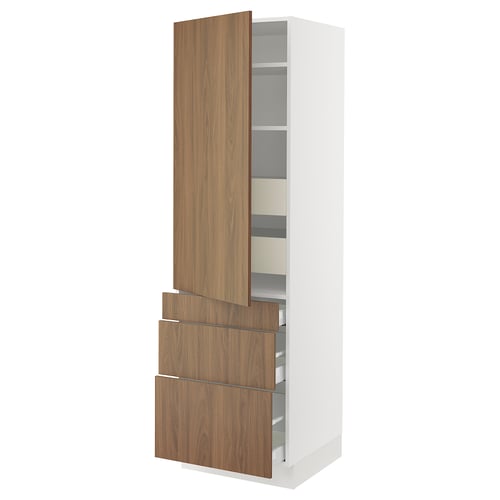 Modern kitchen cabinet, white and walnut, tall with drawers and shelves.