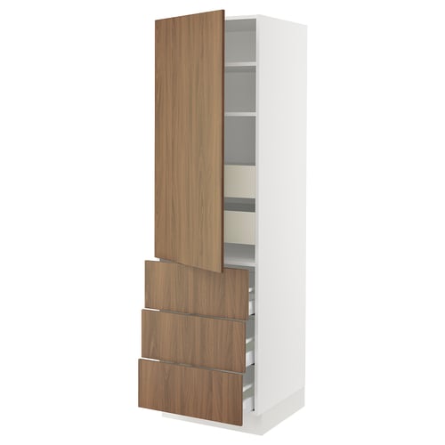 An ikea SEKTION kitchen cabinet with a white frame and wooden drawers and door. It has six shelves and three drawers, with a sleek, modern design.