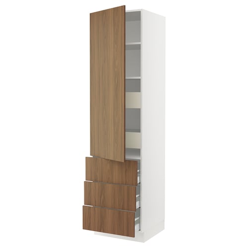 Ikea SEKTION white kitchen cabinet with walnut doors, tall, modern, adjustable shelves, drawer.