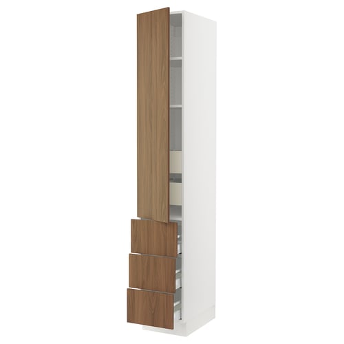 White SEKTION kitchen cabinet with walnut drawers, modern design.