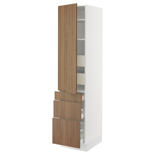 SEKTION kitchen cabinet in white with walnut doors, adjustable shelves, and soft-close drawers.