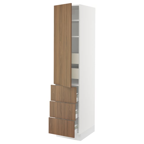 White and wooden kitchen cabinet with three drawers and shelves. Vertical design with smooth finish.